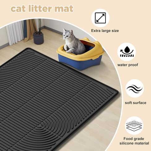AMOK Cat Litter Mat، حصيرة صندوق فضلات السيليكون كبيرة جدًا مقاس 40 بوصة × 28 بوصة، حصيرة مقاومة للماء للقطط، متينة وسهلة التنظيف، رمادي in Kuwait