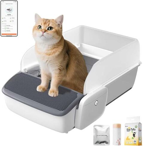 Smart Self-Cleaning Cat Litter Box with APP Control, Automatic Odor-Free Litter Box for Multiple Cats, Large Waste Bin & Trash Bags Included, Open-Top Design, Infrared Safety Sensors in Kuwait