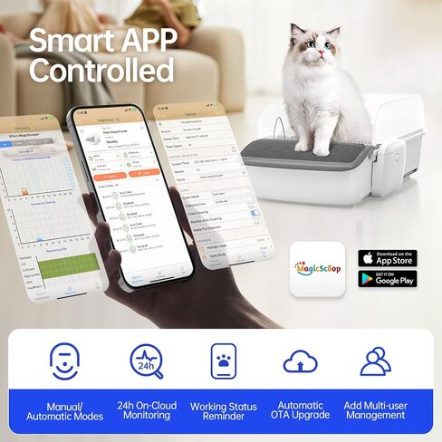 Smart Self-Cleaning Cat Litter Box with APP Control, Automatic Odor-Free Litter Box for Multiple Cats, Large Waste Bin & Trash Bags Included, Open-Top Design, Infrared Safety Sensors in Kuwait