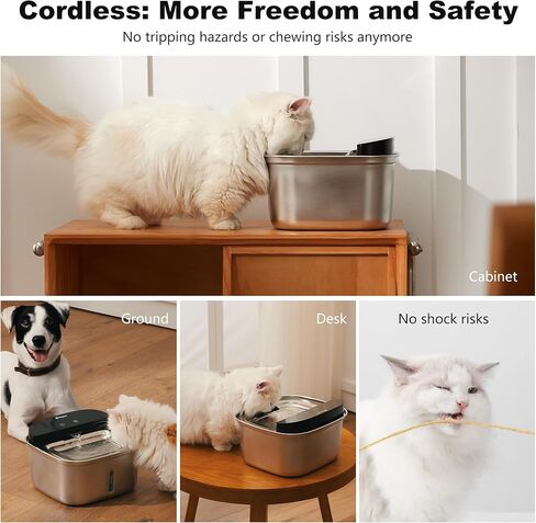 نافورة مياه لاسلكية للقطط من الفولاذ المقاوم للصدأ، موزع مياه أوتوماتيكي لاسلكي سعة 128 أونصة/3.78 لتر للقطط والكلاب، نافورة شرب تعمل بالبطارية للحيوانات الأليفة مع مستشعر حركة، مضخة فائقة الهدوء in Kuwait