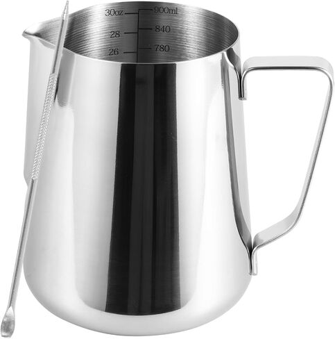 900ml Stainless Steel Milk Frothing Pitcher with Measurement Marks, 32oz Steaming Pitcher for Coffee, Cappuccino, Latte Art Milk Jug Cup for Home & Professional Use (1) in Kuwait