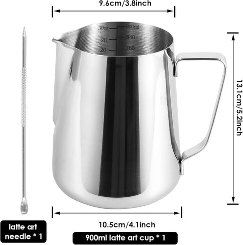 900ml Stainless Steel Milk Frothing Pitcher with Measurement Marks, 32oz Steaming Pitcher for Coffee, Cappuccino, Latte Art Milk Jug Cup for Home & Professional Use (1) in Kuwait