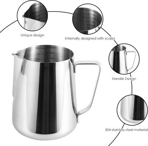 900ml Stainless Steel Milk Frothing Pitcher with Measurement Marks, 32oz Steaming Pitcher for Coffee, Cappuccino, Latte Art Milk Jug Cup for Home & Professional Use (1) in Kuwait