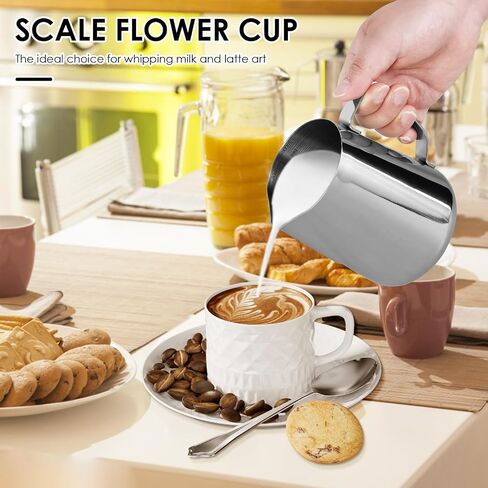 900ml Stainless Steel Milk Frothing Pitcher with Measurement Marks, 32oz Steaming Pitcher for Coffee, Cappuccino, Latte Art Milk Jug Cup for Home & Professional Use (1) in Kuwait