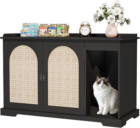 Large/Tall Cat Litter Box Enclosure, Hidden Litter Box with Convenient Entrance Large Shelf, Farmhouse Enclosed Litter Box Cabinet Rattan Cat House for Living Room Entryway (Black) in Saudi Arabia