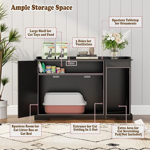 Large/Tall Cat Litter Box Enclosure, Hidden Litter Box with Convenient Entrance Large Shelf, Farmhouse Enclosed Litter Box Cabinet Rattan Cat House for Living Room Entryway (Black) in Saudi Arabia