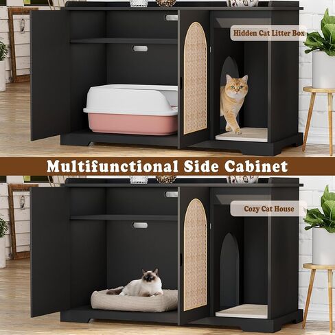 Large/Tall Cat Litter Box Enclosure, Hidden Litter Box with Convenient Entrance Large Shelf, Farmhouse Enclosed Litter Box Cabinet Rattan Cat House for Living Room Entryway (Black) in Saudi Arabia