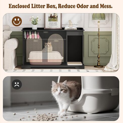 Large/Tall Cat Litter Box Enclosure, Hidden Litter Box with Convenient Entrance Large Shelf, Farmhouse Enclosed Litter Box Cabinet Rattan Cat House for Living Room Entryway (Black) in Saudi Arabia