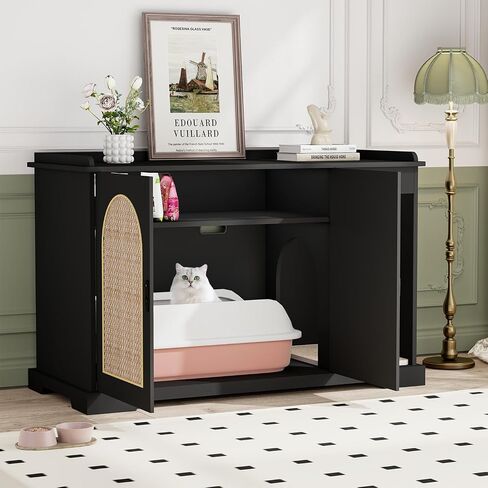 Large/Tall Cat Litter Box Enclosure, Hidden Litter Box with Convenient Entrance Large Shelf, Farmhouse Enclosed Litter Box Cabinet Rattan Cat House for Living Room Entryway (Black) in Saudi Arabia