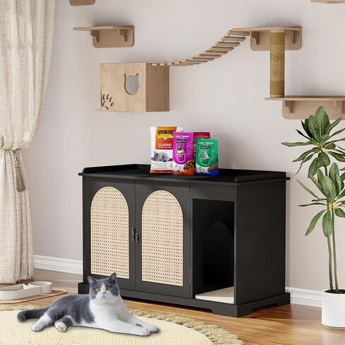 Large/Tall Cat Litter Box Enclosure, Hidden Litter Box with Convenient Entrance Large Shelf, Farmhouse Enclosed Litter Box Cabinet Rattan Cat House for Living Room Entryway (Black) in Saudi Arabia