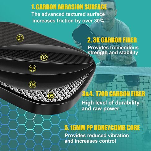 Pickleball Paddlles ، T700 Carbon Fiber Pickleball Paddle ، USAPA معتمد ، لبولي بروبيلين 16 مم للتحكم والسلطة ، مضرب كرة مخلل خفيف الوزن للرجال والنساء ، اللعب الداخلي والخارجي in Kuwait