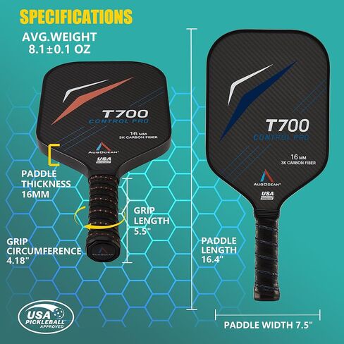 Pickleball Paddlles ، T700 Carbon Fiber Pickleball Paddle ، USAPA معتمد ، لبولي بروبيلين 16 مم للتحكم والسلطة ، مضرب كرة مخلل خفيف الوزن للرجال والنساء ، اللعب الداخلي والخارجي in Kuwait
