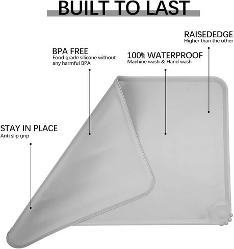 Waterproof Pet Feeding Mat with High Raised Edges, Dog Cat Food Mats Contain Spills Protects Floors, Pets Accessories, Gray in Saudi Arabia
