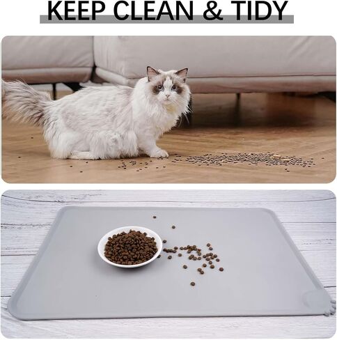 Waterproof Pet Feeding Mat with High Raised Edges, Dog Cat Food Mats Contain Spills Protects Floors, Pets Accessories, Gray in Saudi Arabia