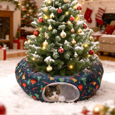 Christmas Cat Tunnel - Cat Proof Christmas Tree Skirt with Washable Cushion, Collapsible Cat Tunnel Bed for Kitten Puppy Rabbit in Kuwait