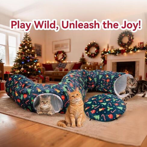 Christmas Cat Tunnel - Cat Proof Christmas Tree Skirt with Washable Cushion, Collapsible Cat Tunnel Bed for Kitten Puppy Rabbit in Kuwait