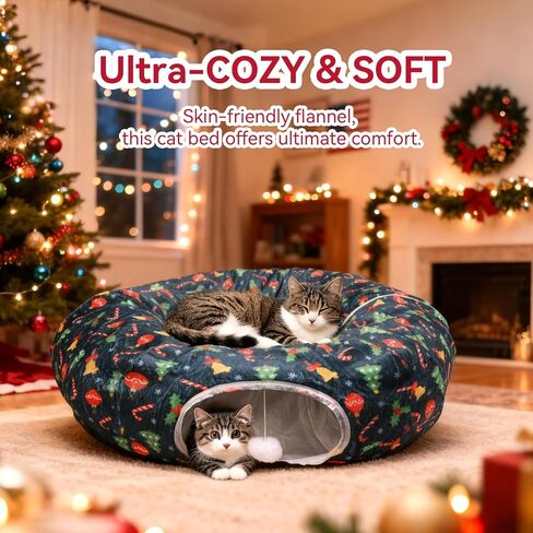 Christmas Cat Tunnel - Cat Proof Christmas Tree Skirt with Washable Cushion, Collapsible Cat Tunnel Bed for Kitten Puppy Rabbit in Kuwait