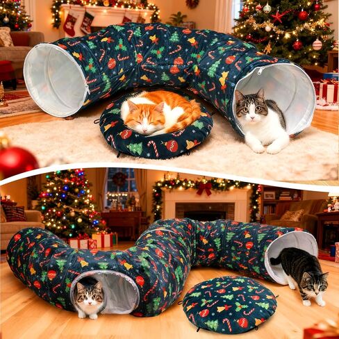 Christmas Cat Tunnel - Cat Proof Christmas Tree Skirt with Washable Cushion, Collapsible Cat Tunnel Bed for Kitten Puppy Rabbit in Kuwait