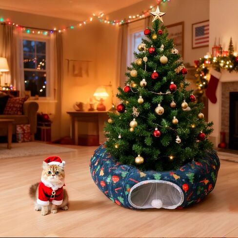 Christmas Cat Tunnel - Cat Proof Christmas Tree Skirt with Washable Cushion, Collapsible Cat Tunnel Bed for Kitten Puppy Rabbit in Kuwait