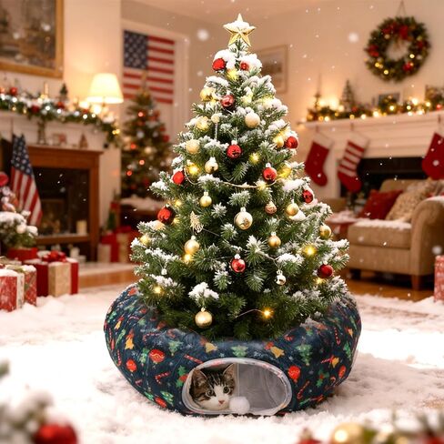 Christmas Cat Tunnel - Cat Proof Christmas Tree Skirt with Washable Cushion, Collapsible Cat Tunnel Bed for Kitten Puppy Rabbit in Kuwait