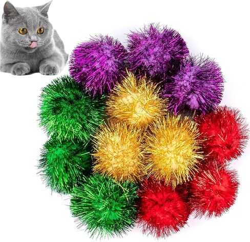 AUEAR, 12 Pack 2 Inch Sparkle Ball Shiny Glitter Tinsel Pom Poms Interactive Cat Balls for Kittens (6 Colors) in Saudi Arabia