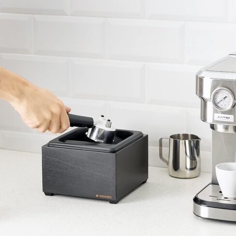 Navaris Coffee Knock Box - Stainless Steel and Wood Bin for Espresso Machine Coffee Grounds - With Silicone Bar for Knocking Filter Grinds - Black in Saudi Arabia