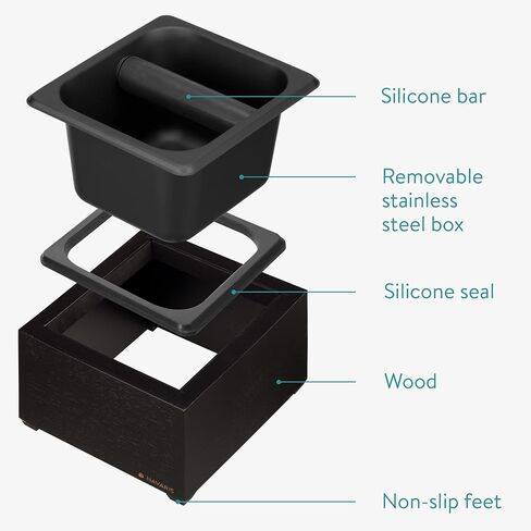 Navaris Coffee Knock Box - Stainless Steel and Wood Bin for Espresso Machine Coffee Grounds - With Silicone Bar for Knocking Filter Grinds - Black in Saudi Arabia