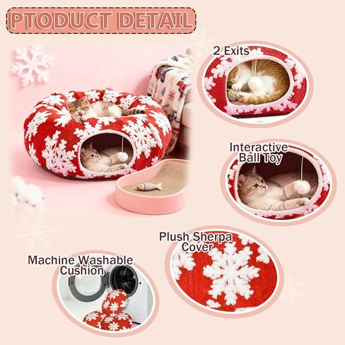 نفق للقطط مع سرير للقطط للقطط الداخلية - تنورة شجرة عيد الميلاد لأشجار بطول 5-7.5 قدم بتصميم ندفة الثلج وحصيرة مضادة للانزلاق قابلة للغسل، سرير نفق على شكل كعكة من القطيفة الناعمة للقطط والقطط والحيوانات الأليفة الصغيرة. (أحمر) in Kuwait