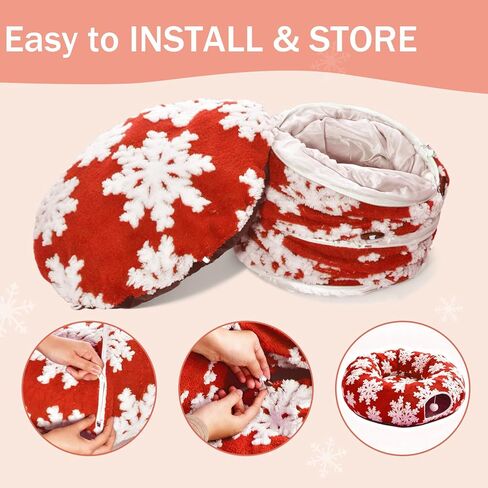 نفق للقطط مع سرير للقطط للقطط الداخلية - تنورة شجرة عيد الميلاد لأشجار بطول 5-7.5 قدم بتصميم ندفة الثلج وحصيرة مضادة للانزلاق قابلة للغسل، سرير نفق على شكل كعكة من القطيفة الناعمة للقطط والقطط والحيوانات الأليفة الصغيرة. (أحمر) in Kuwait