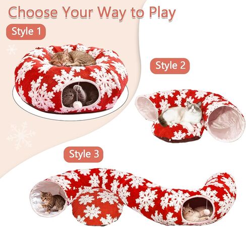 نفق للقطط مع سرير للقطط للقطط الداخلية - تنورة شجرة عيد الميلاد لأشجار بطول 5-7.5 قدم بتصميم ندفة الثلج وحصيرة مضادة للانزلاق قابلة للغسل، سرير نفق على شكل كعكة من القطيفة الناعمة للقطط والقطط والحيوانات الأليفة الصغيرة. (أحمر) in Kuwait