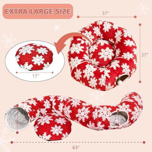 نفق للقطط مع سرير للقطط للقطط الداخلية - تنورة شجرة عيد الميلاد لأشجار بطول 5-7.5 قدم بتصميم ندفة الثلج وحصيرة مضادة للانزلاق قابلة للغسل، سرير نفق على شكل كعكة من القطيفة الناعمة للقطط والقطط والحيوانات الأليفة الصغيرة. (أحمر) in Kuwait