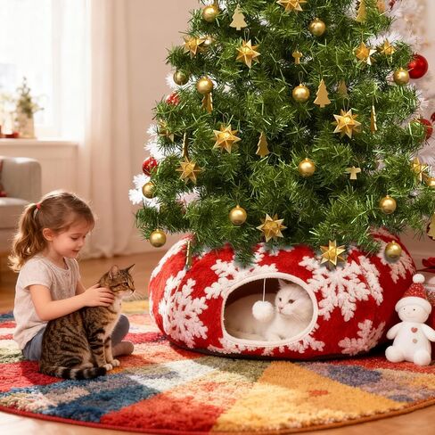 نفق للقطط مع سرير للقطط للقطط الداخلية - تنورة شجرة عيد الميلاد لأشجار بطول 5-7.5 قدم بتصميم ندفة الثلج وحصيرة مضادة للانزلاق قابلة للغسل، سرير نفق على شكل كعكة من القطيفة الناعمة للقطط والقطط والحيوانات الأليفة الصغيرة. (أحمر) in Kuwait