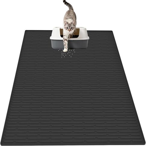 بساط فضلات القطط من السيليكون مقاس XXL، مقاس 40 بوصة × 30 بوصة (100 سم × 75 سم) بساط صندوق فضلات إضافي للأرضيات، بساط محاصرة فضلات غير قابل للانزلاق لمنع التتبع، بساط سهل التنظيف لصيد فضلات القطط، متين، أسود in Kuwait