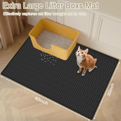 بساط فضلات القطط من السيليكون مقاس XXL، مقاس 40 بوصة × 30 بوصة (100 سم × 75 سم) بساط صندوق فضلات إضافي للأرضيات، بساط محاصرة فضلات غير قابل للانزلاق لمنع التتبع، بساط سهل التنظيف لصيد فضلات القطط، متين، أسود in Kuwait