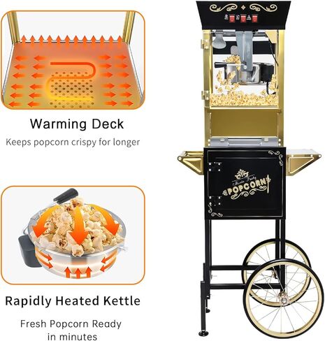 ماكينة صنع الفشار بسعة 8 أونصة مع عربة (أحمر) - صانع الفشار العتيق - تحكم مزدوج في المفتاح، تصنع 20-30 كوبًا لليالي الأفلام والمسرح المنزلي والحفلات والمطاعم in Kuwait