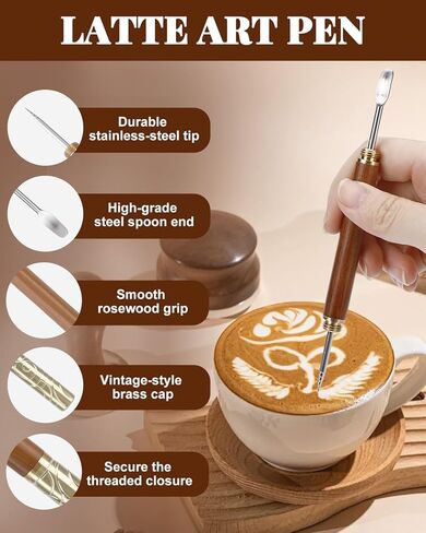 إبريق إزباد الحليب من الفولاذ المقاوم للصدأ سعة 20 أونصة/600 مل لاستنسل قهوة كابتشينو الحليب وفن اللاتيه، كوب إبريق الحليب مع قلم فني للتزيين، شيكر البودرة، 16 قطعة من استنسل تزيين القهوة in Kuwait