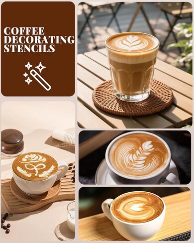 إبريق إزباد الحليب من الفولاذ المقاوم للصدأ سعة 20 أونصة/600 مل لاستنسل قهوة كابتشينو الحليب وفن اللاتيه، كوب إبريق الحليب مع قلم فني للتزيين، شيكر البودرة، 16 قطعة من استنسل تزيين القهوة in Kuwait