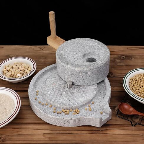 مطحنة الحبوب المصنوعة من الحجر الطبيعي (قاعدة من الخشب الصلب) - مطحنة منزلية للقمح/التوابل وحبوب القهوة، مثالية للخبز والتورتيلا (9.84 × 13.8 بوصة) in Saudi Arabia