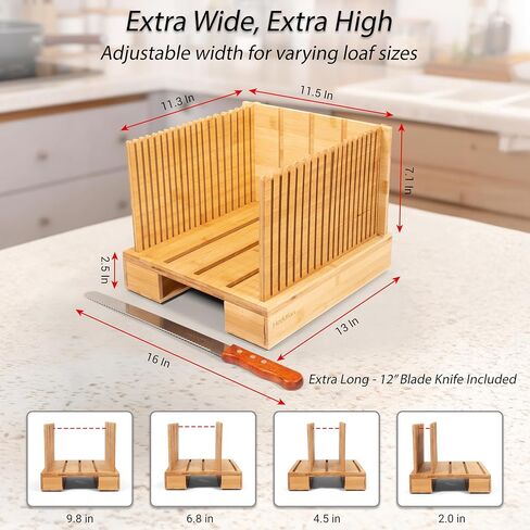 قطاعة خبز الخيزران للخبز المنزلي - فتحة سكين مدمجة، وحجرة تخزين الفتات - قابلة للتعديل بعرض إضافي وعالي للعجين المخمر - تتضمن شفرة سكين طويلة 12 بوصة in Kuwait