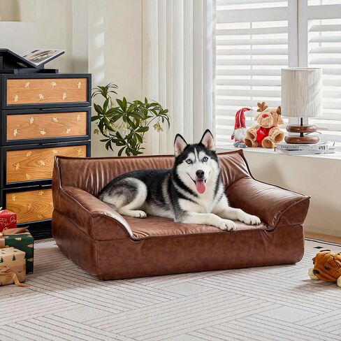 Brown Leather Dog Couch Bed for Medium Small Dogs Under 50 lbs, 31.5 Inch Mid-Century Modern Luxury Elevated Dog Sofa Indoor, Furniture Style Vintage Raised Pet Sofa Bed (Medium) in Saudi Arabia