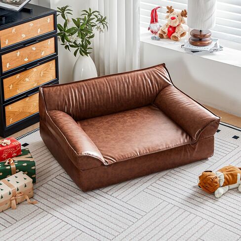 Brown Leather Dog Couch Bed for Medium Small Dogs Under 50 lbs, 31.5 Inch Mid-Century Modern Luxury Elevated Dog Sofa Indoor, Furniture Style Vintage Raised Pet Sofa Bed (Medium) in Saudi Arabia