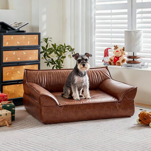 Brown Leather Dog Couch Bed for Medium Small Dogs Under 50 lbs, 31.5 Inch Mid-Century Modern Luxury Elevated Dog Sofa Indoor, Furniture Style Vintage Raised Pet Sofa Bed (Medium) in Saudi Arabia