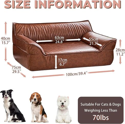 Brown Leather Dog Couch Bed for Medium Small Dogs Under 50 lbs, 31.5 Inch Mid-Century Modern Luxury Elevated Dog Sofa Indoor, Furniture Style Vintage Raised Pet Sofa Bed (Medium) in Saudi Arabia