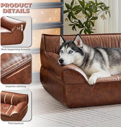 Brown Leather Dog Couch Bed for Medium Small Dogs Under 50 lbs, 31.5 Inch Mid-Century Modern Luxury Elevated Dog Sofa Indoor, Furniture Style Vintage Raised Pet Sofa Bed (Medium) in Saudi Arabia