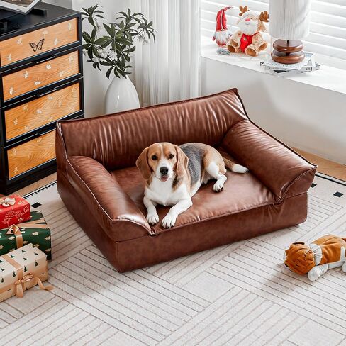 Brown Leather Dog Couch Bed for Medium Small Dogs Under 50 lbs, 31.5 Inch Mid-Century Modern Luxury Elevated Dog Sofa Indoor, Furniture Style Vintage Raised Pet Sofa Bed (Medium) in Saudi Arabia