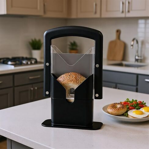 Bagel Slicer, Perfect for Bagels Guillotine Universal Slicer, Bagel Cutter Stainless Steel Kitchen Tool, Safe Grip, Safety Shield (Black) in Saudi Arabia