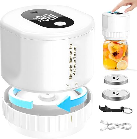 طقم سدادة مكنسة ماسون الكهربائية مع إيقاف تلقائي مطور، هادئ ومحمول، يناسب كلا من الجرار ذات الفم العريضة والعادية | قابلة لإعادة الشحن، سهلة تخزين وتعليب الطعام in Kuwait