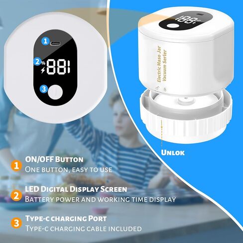 طقم سدادة مكنسة ماسون الكهربائية مع إيقاف تلقائي مطور، هادئ ومحمول، يناسب كلا من الجرار ذات الفم العريضة والعادية | قابلة لإعادة الشحن، سهلة تخزين وتعليب الطعام in Kuwait