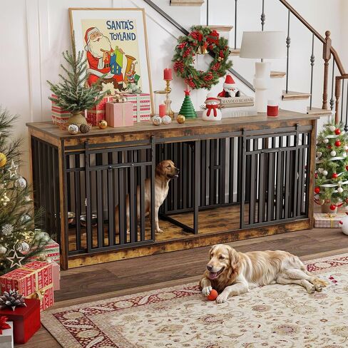 YITAHOME 71 Inch Double Dog Crate Furniture for 2 Dogs, Heavy Duty Wooden Dog Crate TV Stand with 4 Dog Bowls, Dog Kennel Indoor Furniture Sliding Barn Door Design for Extra Large Dogs, Rustic Brown in Saudi Arabia