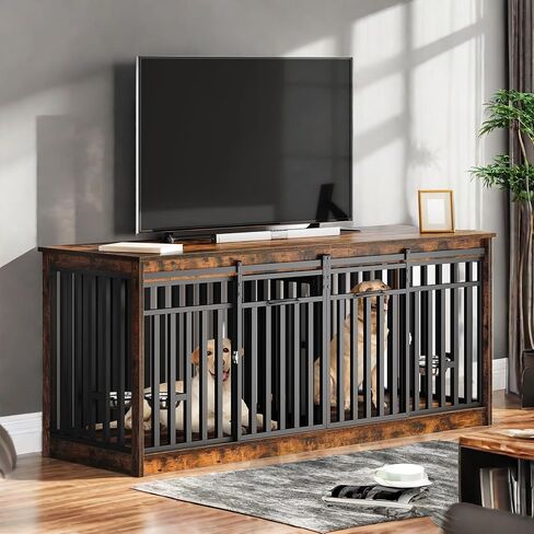 YITAHOME 71 Inch Double Dog Crate Furniture for 2 Dogs, Heavy Duty Wooden Dog Crate TV Stand with 4 Dog Bowls, Dog Kennel Indoor Furniture Sliding Barn Door Design for Extra Large Dogs, Rustic Brown in Saudi Arabia
